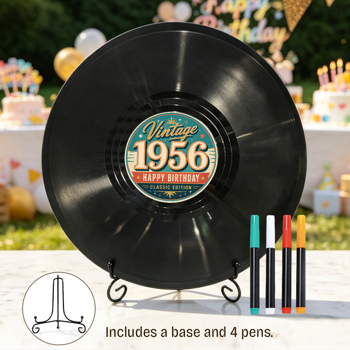 TEMU Plaque 'Or Rétro Americana Né en 1956 Disque Vinyle avec Support et 4 Marqueurs, Panneau de Anniversaire Édition , Décoration Souvenir de Table
