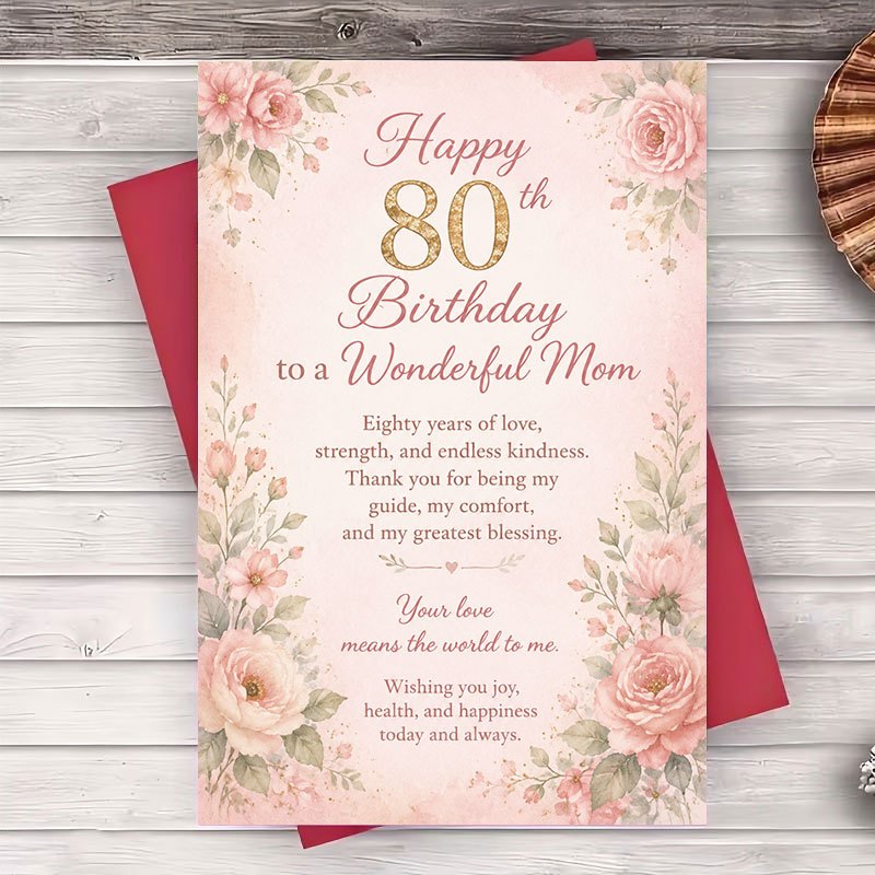 TEMU 1 Enveloppe et 1 Carte de Vœux, Carte "Joyeux 80e Anniversaire Maman", Motif Floral Élégant, Convient pour les Célébrations d'Étape, Vœux