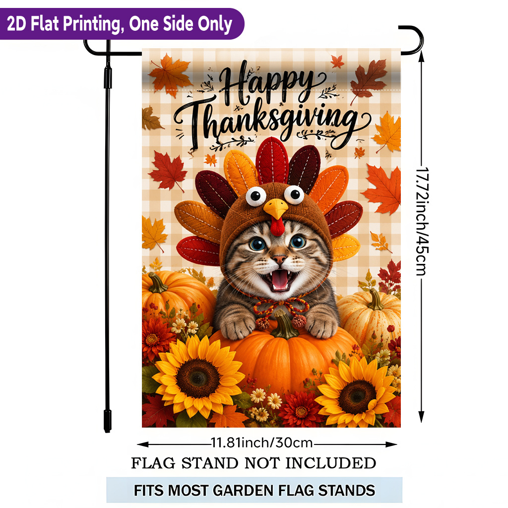 TEMU 2d Flat - 2d Flat Printing Garden Flag 1pc, Happy Thanksgiving Cat Polyester Garden Flag, Single Sided Printing, Holiday Yard Banner, Seasonal