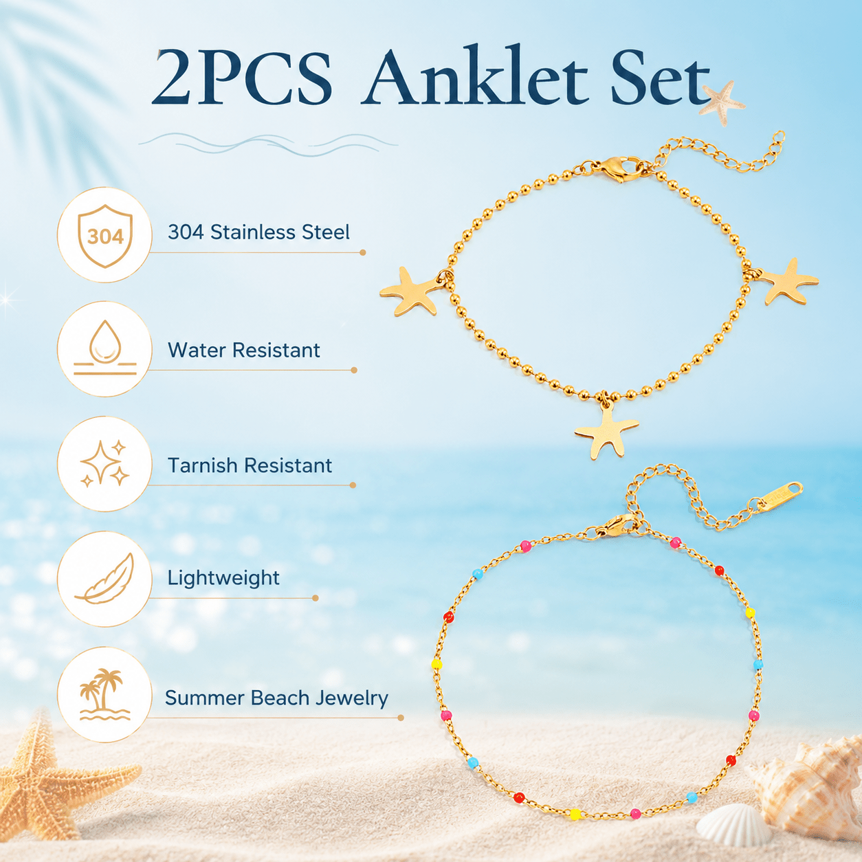 2pcs Set Stainless Steel Round Starfish Pendant Anklet, Beach Style