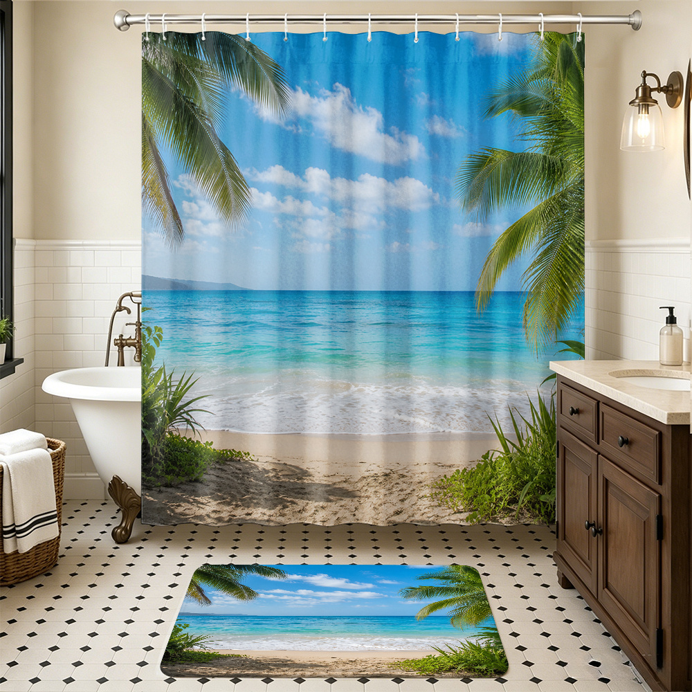 Tropical Beach Shower Curtain Set with Hooks
