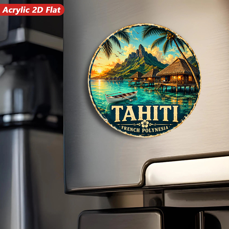 TEMU Pince Frigorifique Magnétique Ronde en Acrylique 2D Plate, Pack de 1 Pièce, Île de , Décoration de Cuisine, Polynésie Française, Lagune , Sur ,