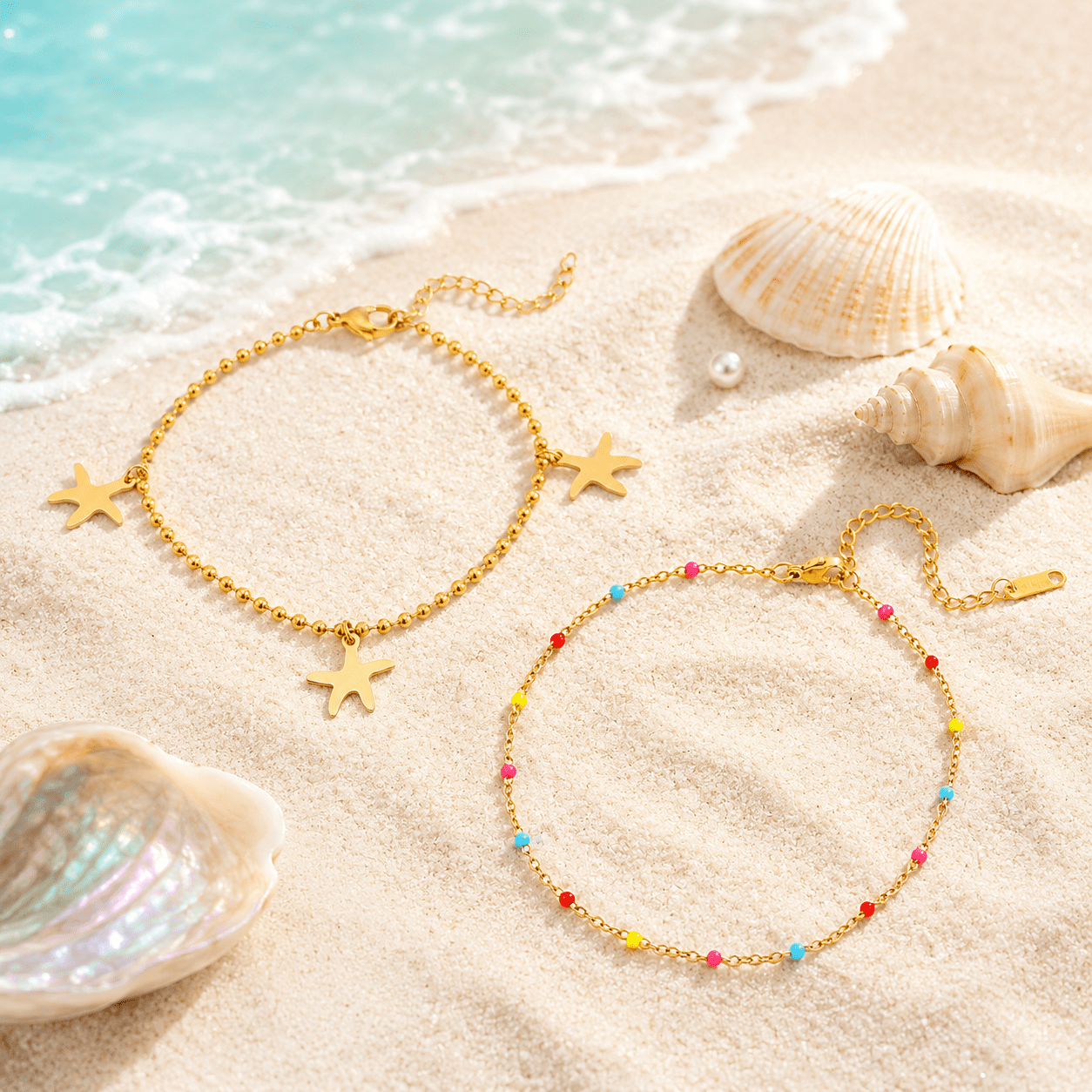 2pcs Set Stainless Steel Round Starfish Pendant Anklet, Beach Style