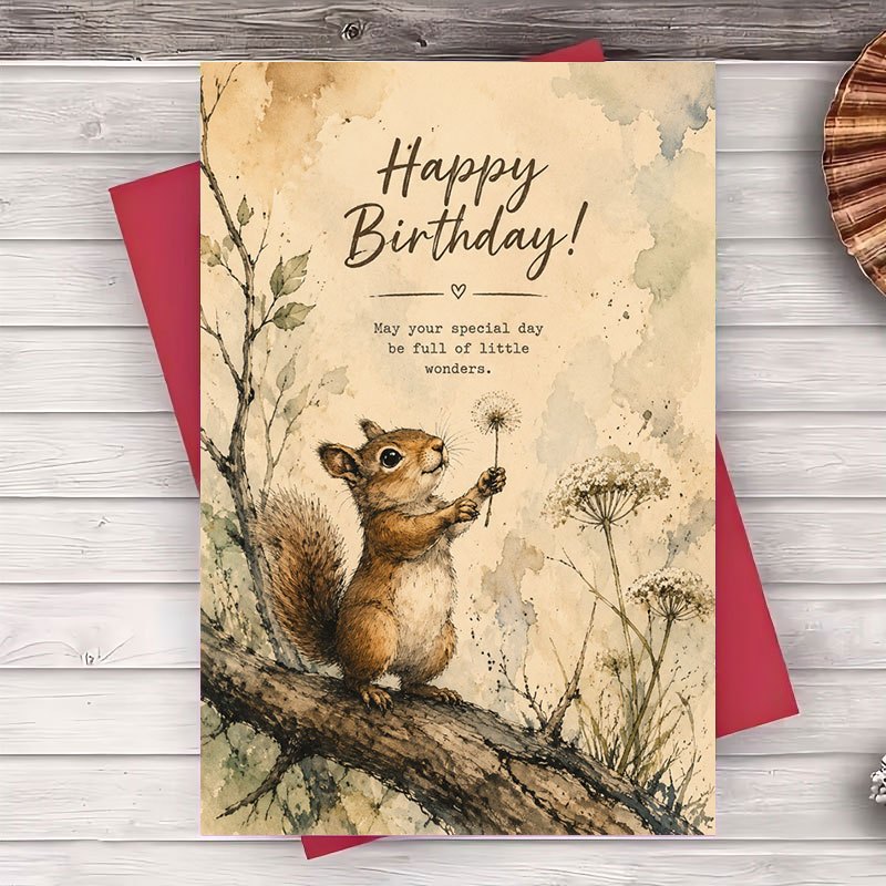 TEMU 1 Envelope And 1 Greeting Card Watercolor Squirrel Birthday Greeting Card Vintage Style Flat Note Card For For Birthday Celebration And Special