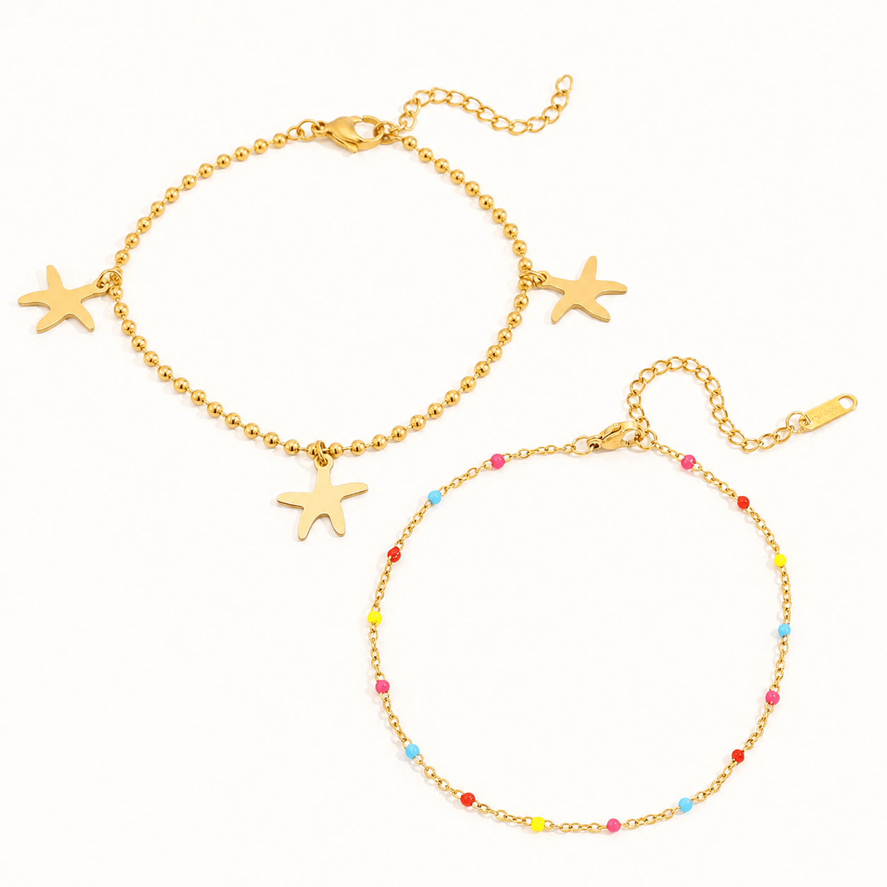 2pcs Set Stainless Steel Round Starfish Pendant Anklet, Beach Style