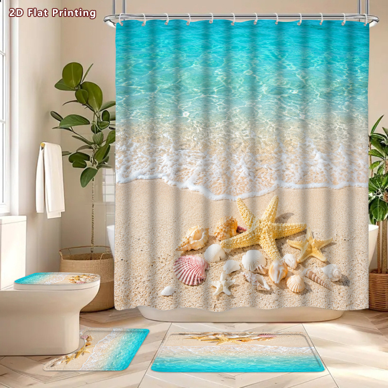 4pcs Beach Seashell Starfish Shower Curtain Set with Accessories