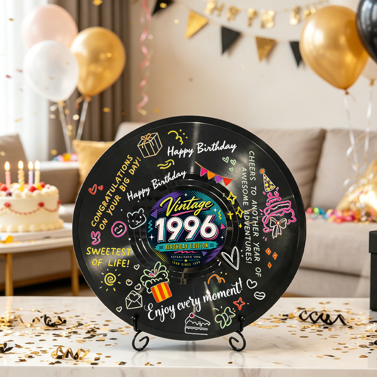 품목 사진 2d 평면, 2d 평면 네온   빈티지 1996 생일 에디션 비닐 레코드 방명록 명판 스탠드 포함, 1996년 설립 빈티지 생일 서명판, 블랙 비닐 데스크탑 장식, 30번째 생일 파티 기념 선물용으로 적합, 2d 평면