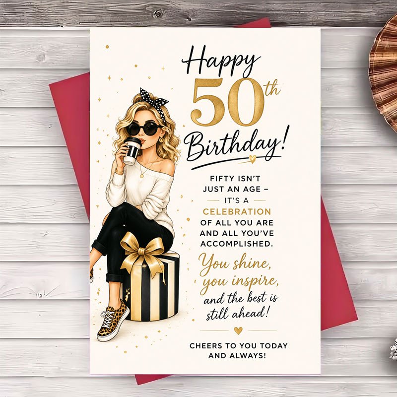TEMU 1pc Envelope And 1pc Greeting Card Happy 50th Birthday Greeting Card For Women Elegant Flat Card For Mom Sister Friend Milestone Birthday