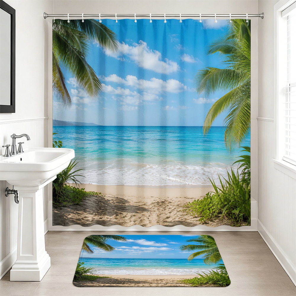 Tropical Beach Shower Curtain Set with Hooks
