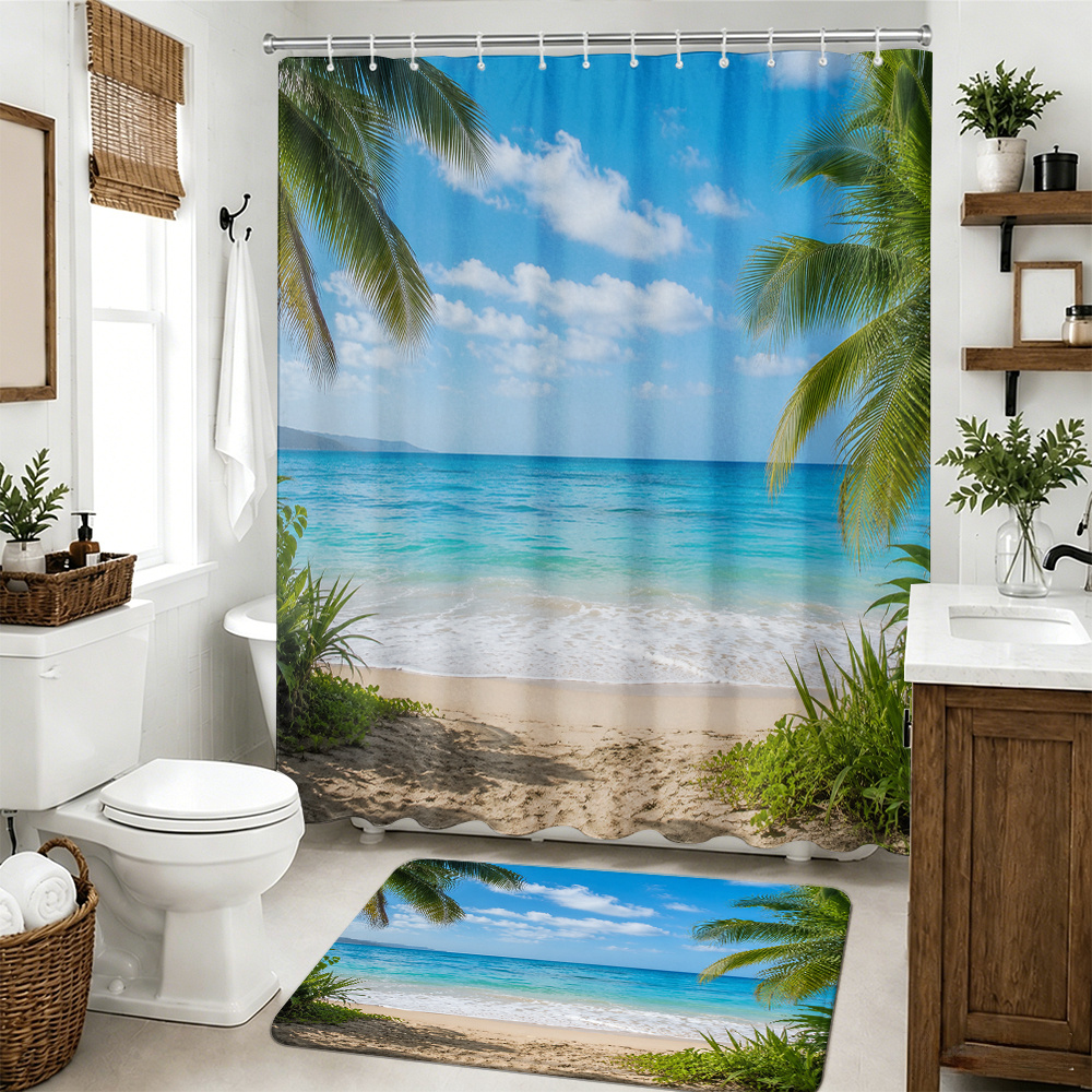 Tropical Beach Shower Curtain Set with Hooks