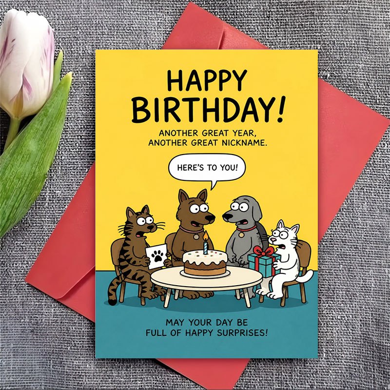 친구와 동료를 위한 귀여운 동물이 있는 재미있는 생일 축하 카드와 인사말 카드 한 장, 반려동물 애호가를 위한 생일 축하 카드, 기념 및 파티용 플랫 디자인