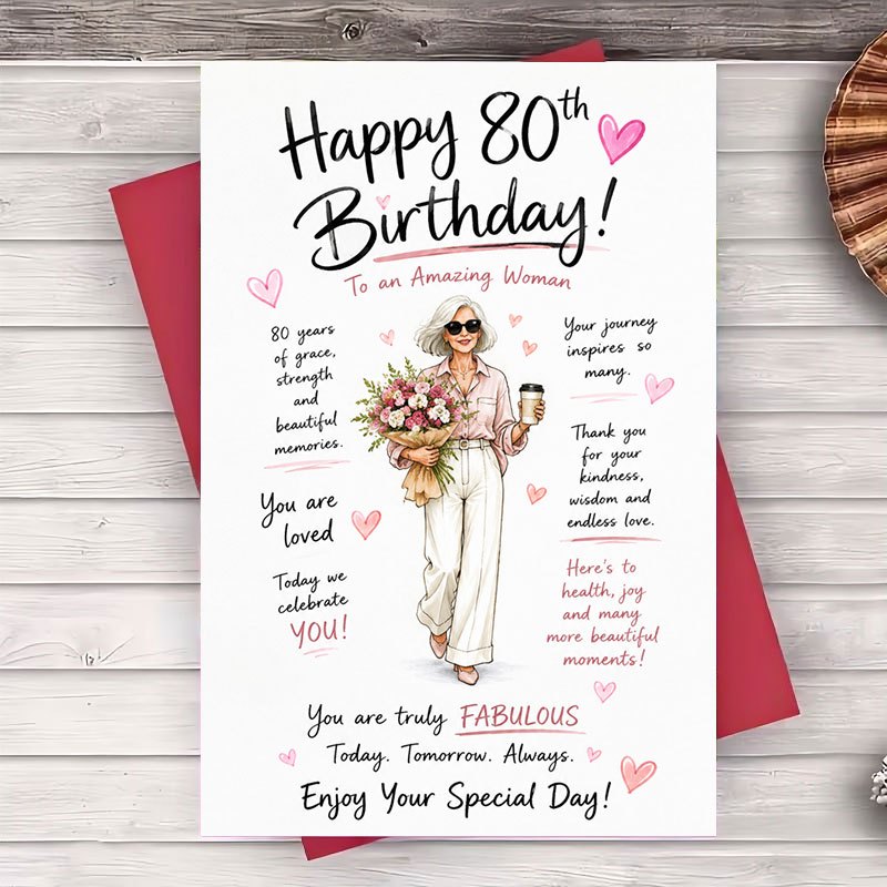 TEMU Une enveloppe et une carte de vœux - Carte de 80e anniversaire pour femme, motif floral élégant, carte plate, cadeau pour , maman ou , cadeau de