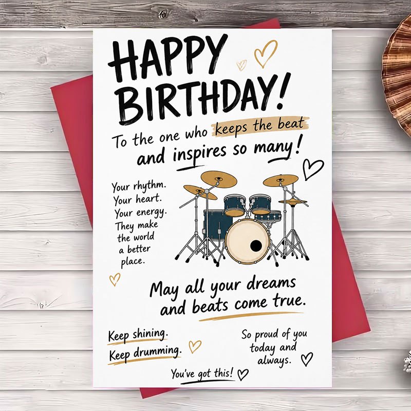 TEMU 1 Envelope And 1 Greeting Card Happy Birthday Greeting Card For Drummer Musician Flat Note Card For Birthday Celebration Gift For Band And