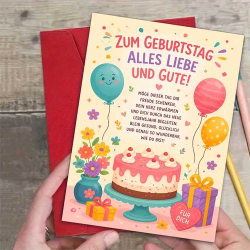 1 felicitare + 1 felicitare veselă de ziua de naștere, ilustrație cu baloane colorate și tort „cele mai bune urări pentru tine”, perfectă pentru prieteni, petrecere de ziua de naștere, stil artistic vibrant, felicitare festivă
