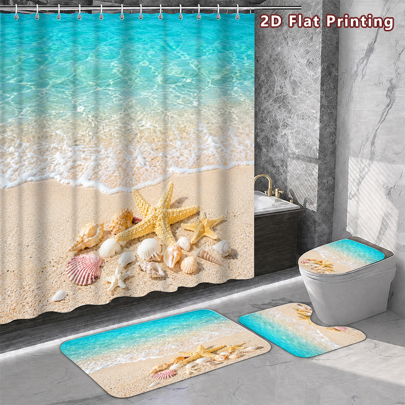 4pcs Beach Seashell Starfish Shower Curtain Set with Accessories