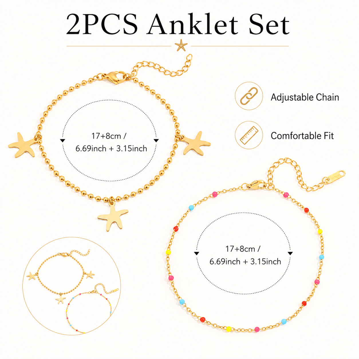 2pcs Set Stainless Steel Round Starfish Pendant Anklet, Beach Style