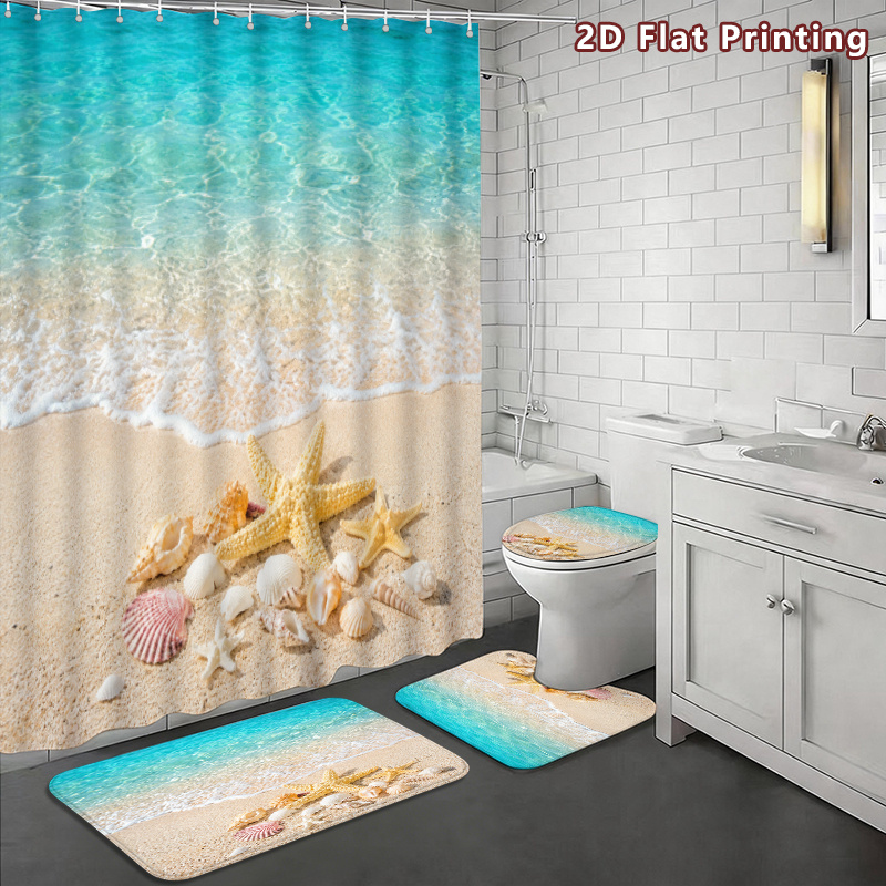4pcs Beach Seashell Starfish Shower Curtain Set with Accessories