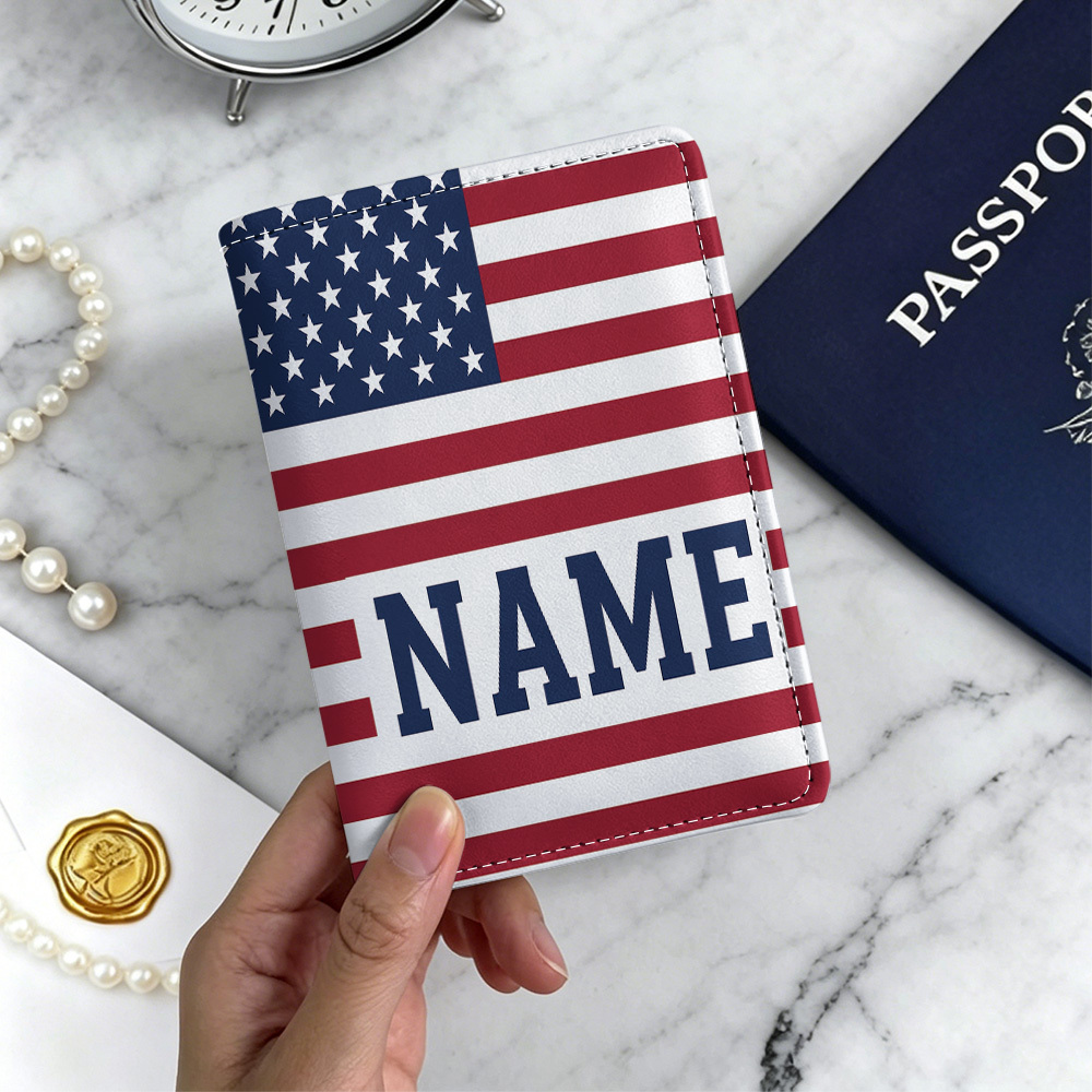 TEMU Usa Flag Passport Holder With Custom Name/text - Travel Document Cover Suitable For , Lightweight Passport Protector With Card Slots, -themed