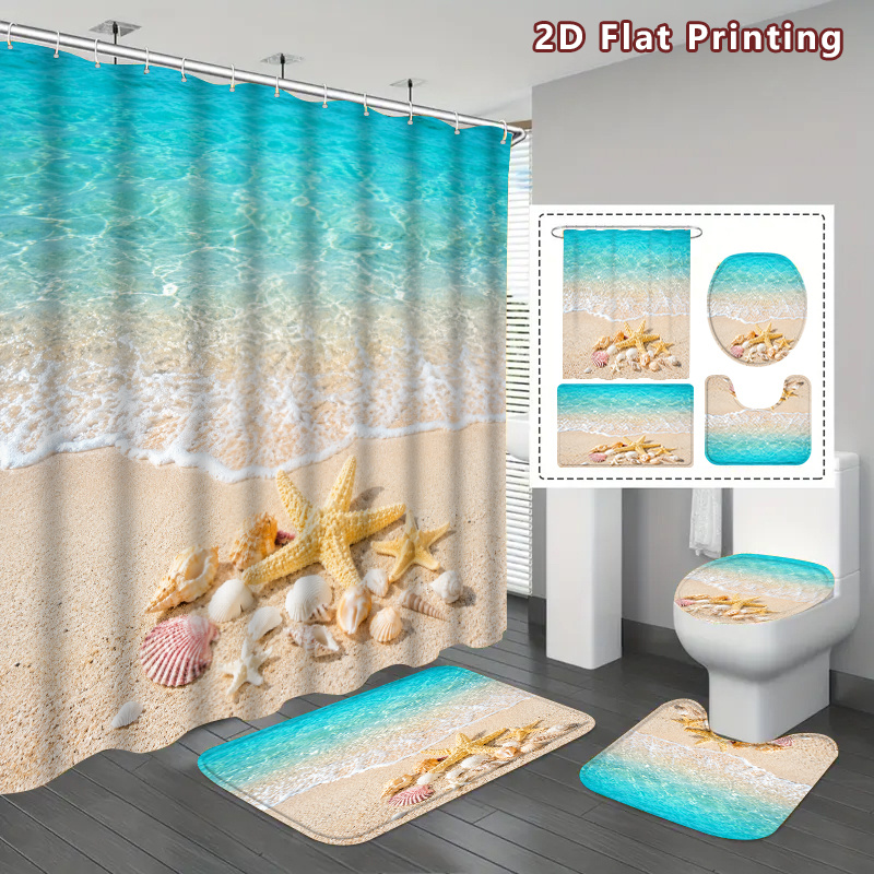 4pcs Beach Seashell Starfish Shower Curtain Set with Accessories