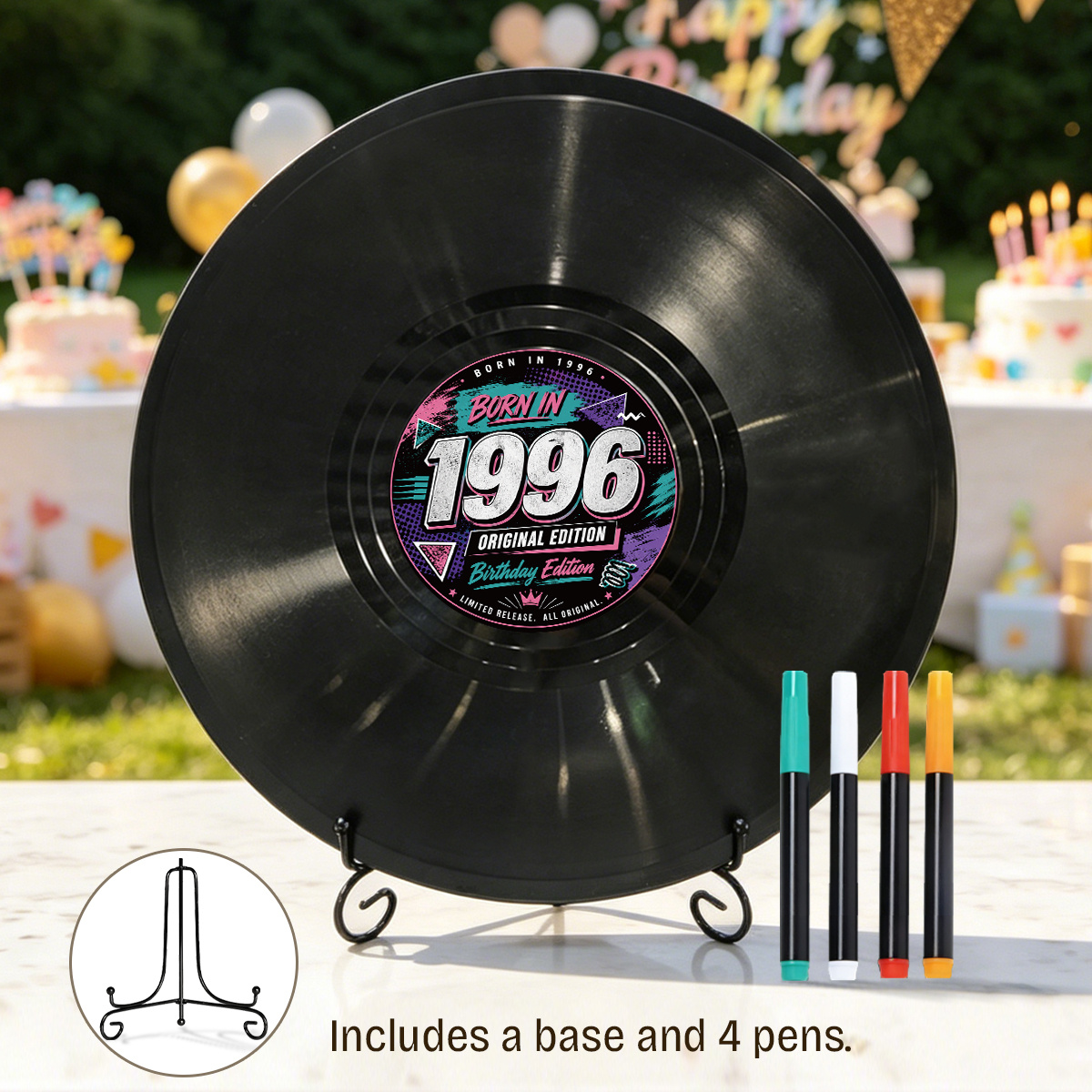 TEMU Graffiti Néon 1996 Disque Vinyle 'Or Plaque de Signature avec Support et 4 Marqueurs, Édition Originale Vintage Anniversaire Signature, Décor