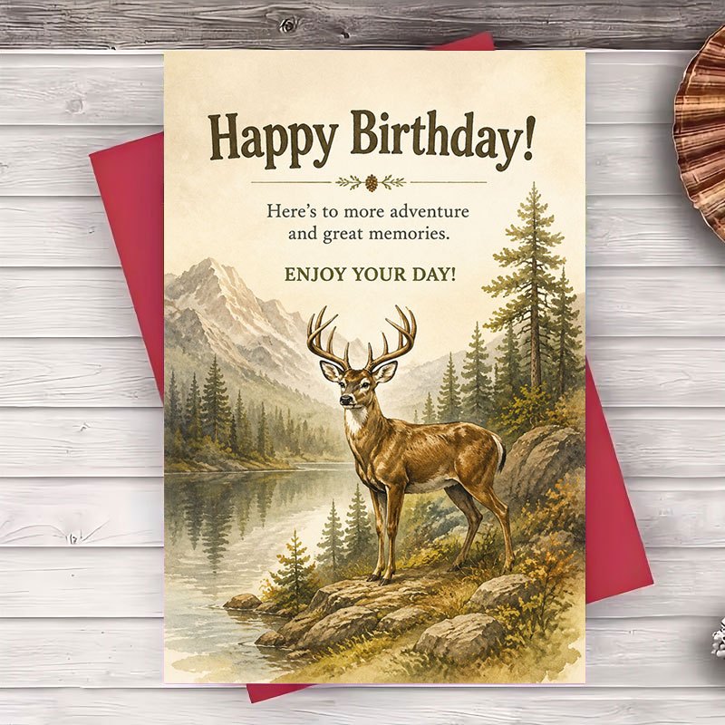 TEMU 1 Envelope And 1 Greeting Card Happy Birthday Greeting Card With Deer And Mountain Landscape Design For Men Husband Lovers Outdoor Adventure