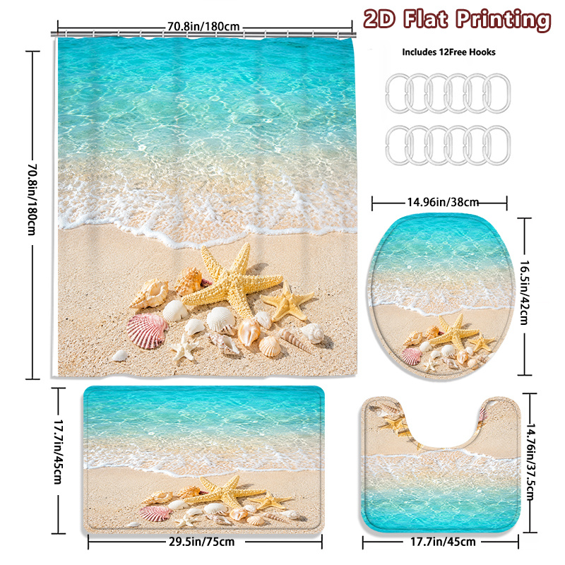 4pcs Beach Seashell Starfish Shower Curtain Set with Accessories
