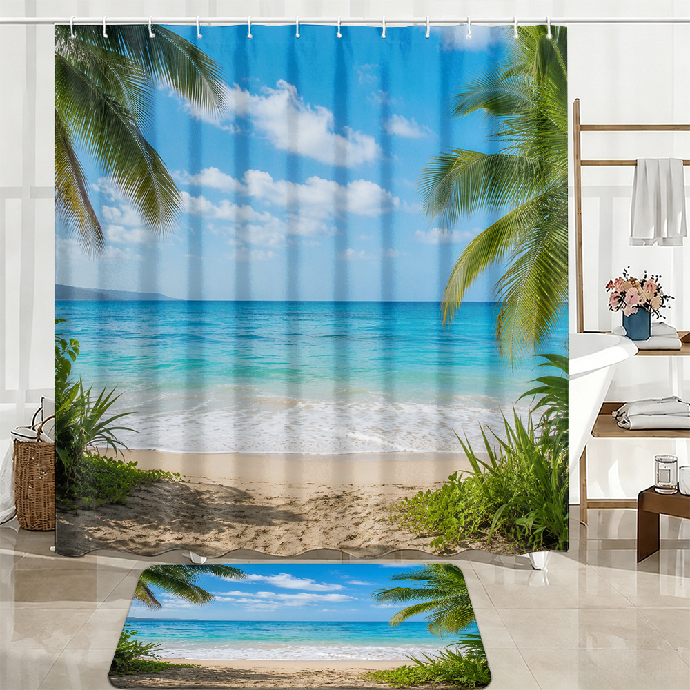 Tropical Beach Shower Curtain Set with Hooks