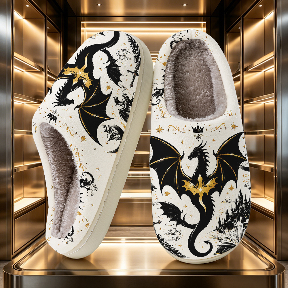 TEMU Black Dragon And Castle Sword Scroll Print Slippers, Fashionable Printed Slippers For , Unisex, Comfortable For Indoor And Outdoor Wear, Women