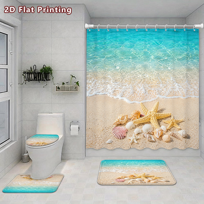 4pcs Beach Seashell Starfish Shower Curtain Set with Accessories