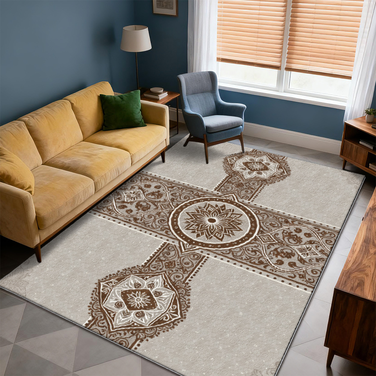 item picture 1pc Vintage Scroll Rug Suitable for Living Room, Soft Carpet with Textured Base,   Modern Mat, Machine-Made Suitable for Bedroom, Coffee Table, Bedside, Rectangular Covering for Decor
