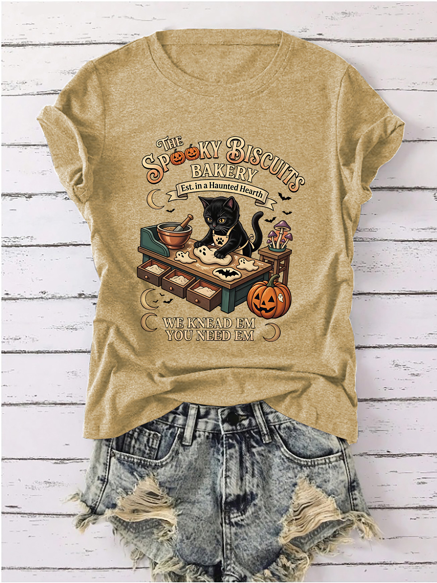 halloween theme clothing summer womens top the spooky biscuits bakery kneading black cat cookie retro halloween illustration printed short sleeve t shirt baking black   halloween enthusiast casual loose round neck short sleeve summer