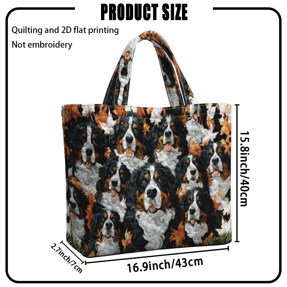 TEMU 1pc Reusable Grocery Bags, Quilting And 2d Flat Printing Smiling Bernese With Leaves Pattern Quilted Large Capacity Tote Bag, Handbag For Daily
