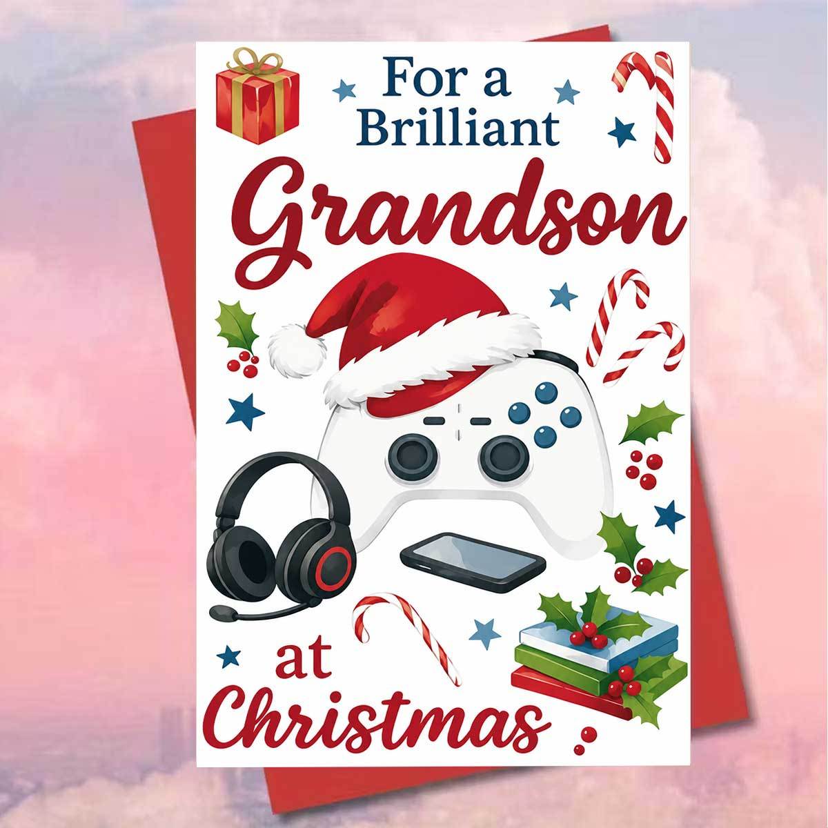 TEMU 1pc Christmas Card For Gaming Grandson, "for A Grandson At Christmas", Featuring Game Controllers, Headphones, Phones, Santa Hats, Gifts, Holly,