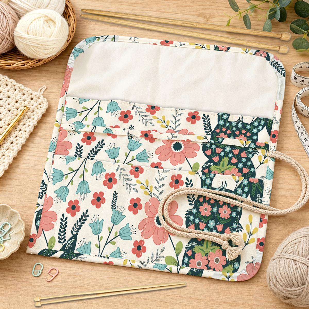 TEMU 1pc Foldable Knitting Needles Organizer, Floral Fox Print Crochet Hook Roll Bag, Portable Storage Case For Crochet Hooks And Knitting Supplies,
