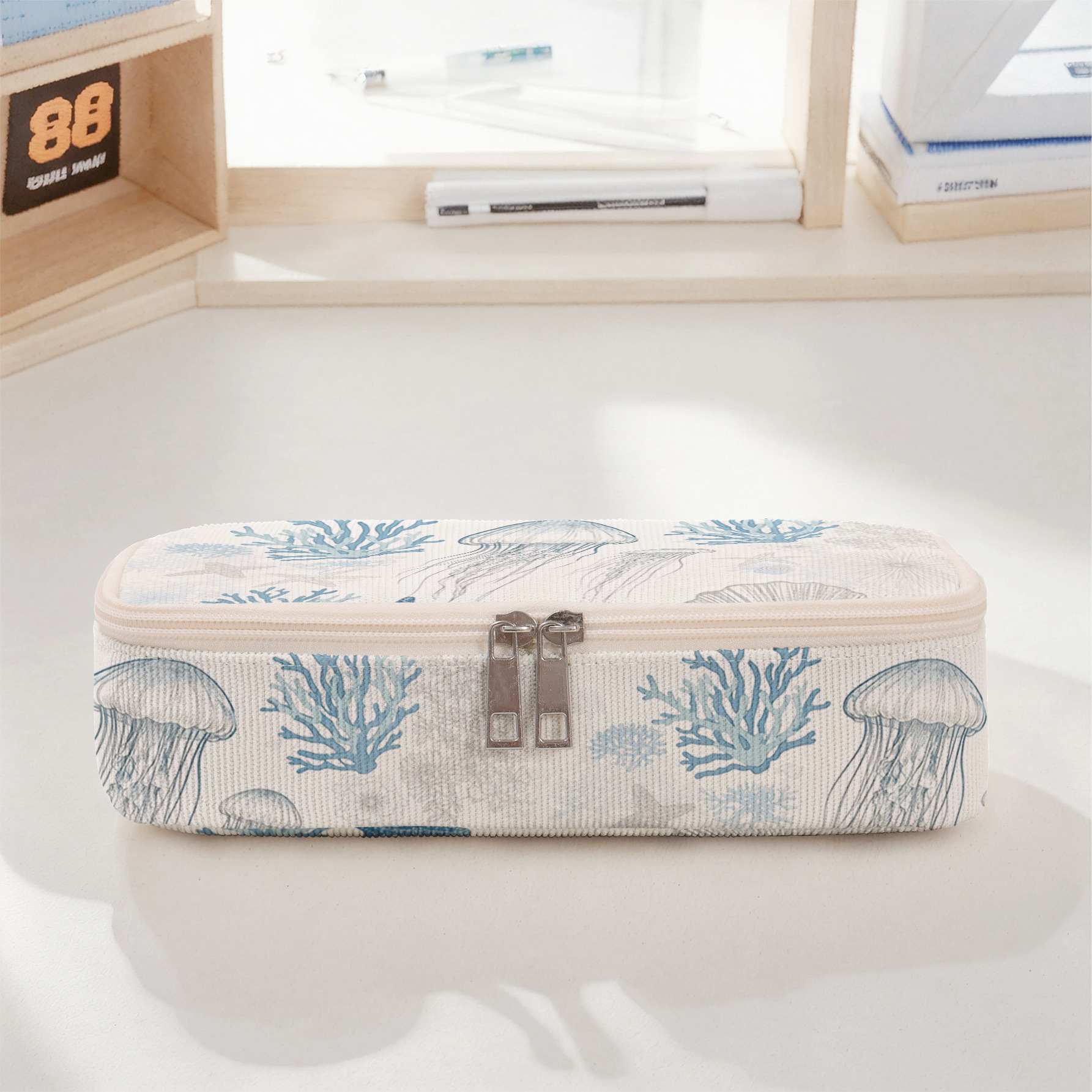TEMU Pen, Pencil And Marker Case, Light Blue Hand-painted Ocean Jellyfish Coral Starfish Shell Element Pattern 2d Print, Large Capacity Fabric