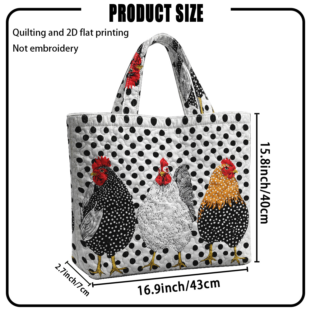 TEMU 1pc Ridesay Reusable Grocery Tote Bag With Quilted Chicken & Polka - Large Capacity Suitable For Travel, Picnic, Shopping, Quilted Suitable For