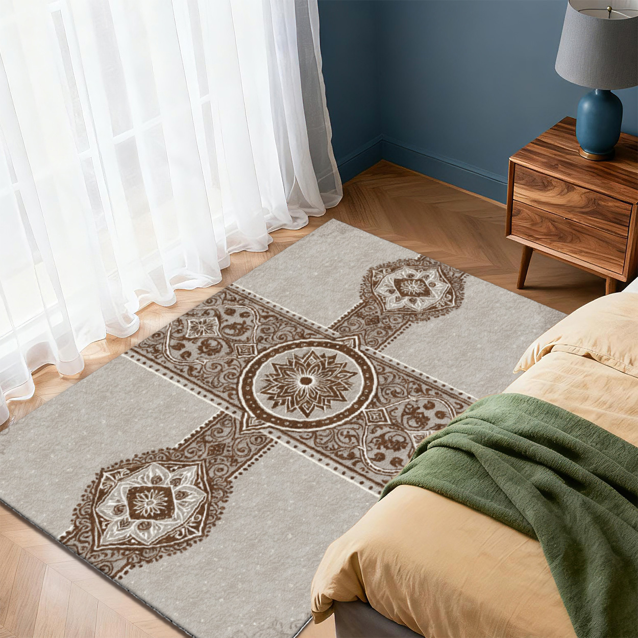 1pc Vintage Scroll Rug Suitable for Living Room, Soft Carpet with Textured Base,   Modern Mat, Machine-Made Suitable for Bedroom, Coffee Table, Bedside, Rectangular Covering for Decor
