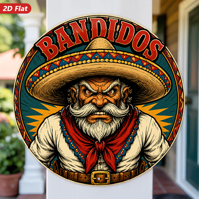 TEMU 2d Flat, 1pc Outlaw Round Metal Sign Wall Art, Home Decor, Lettering, Mustached Hombre, Wide Sombrero, Red Neckerchief, Suitable For Living Room