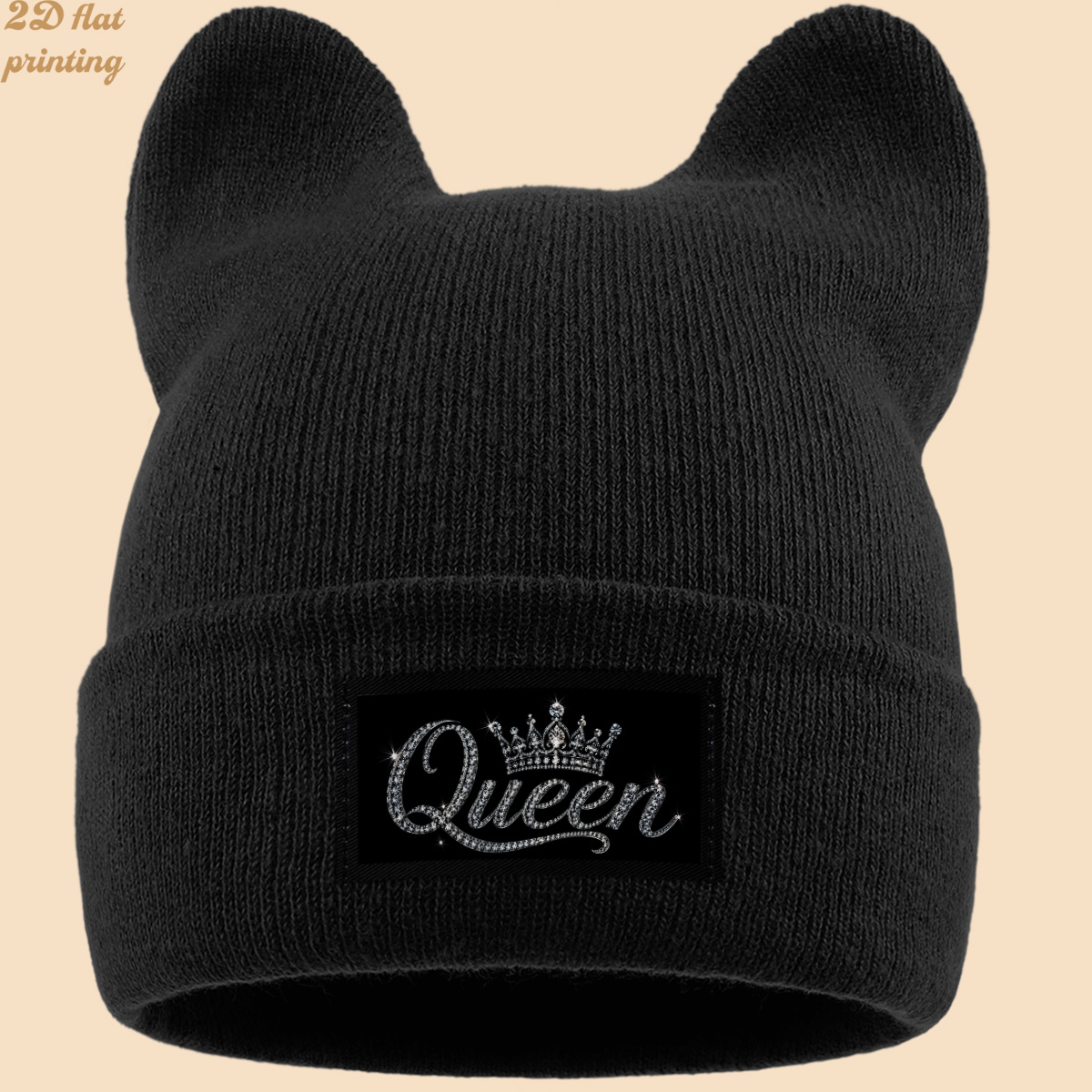 TEMU 1 pz in tessuto con "Queen" con diamante e corona, cappello a orecchie da gatto in maglia, cappello a corno di affascinante, unisex caldo,