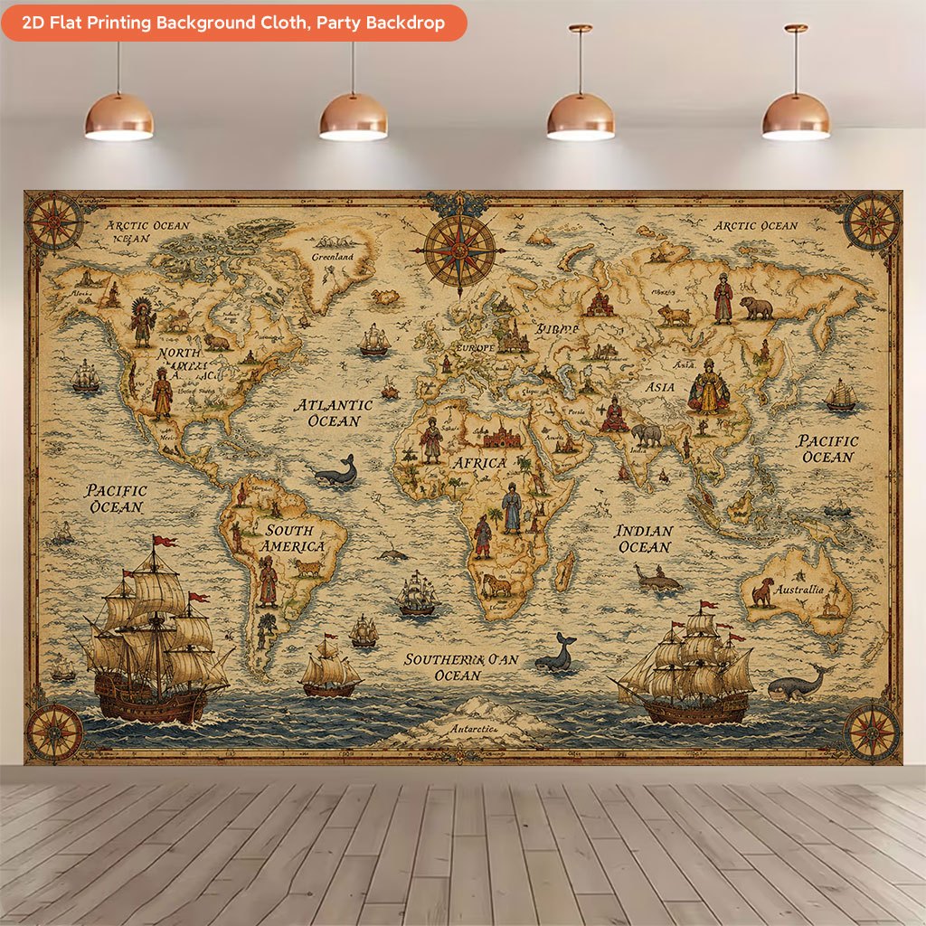 TEMU 2d Flat, 2d Flat - 2d Flat, 2d Flat - 2d Flat Printing Backdrop Banner 1pc, Historical World Map Featuring Ships Background Cloth Banner,