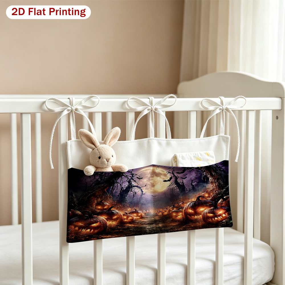 2D Flat Glowing Pumpkins Under Full Moon Pattern Multifunctional Stroller Hanging Bag