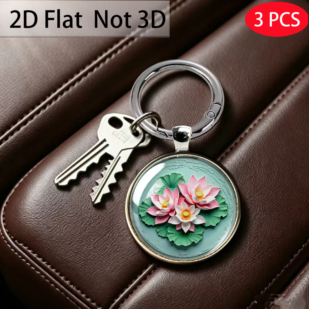 3pcs Watercolor Pink Lotus Keychain Set