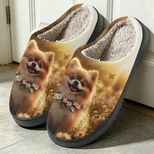 1 par de chinelos de cão lulu da pomerânia adequados para mulheres e homens, sola de pelúcia para interior/exterior com estampa de filhote de lulu da pomerânia, sola aconchegante de tpr e calçado acolchoado, presente para casa e quarto para as , sapatos femininos