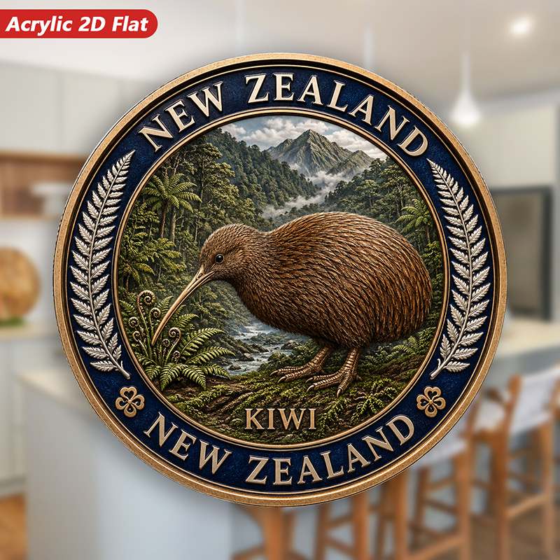 TEMU 2d Flat, 1pc Kiwi Wildlife Art Acrylic Round Magnetic Fridge Magnet, Kitchen Decor, New Zealand Text, Kiwi Bird Portrait, Landscape, Fern-filled