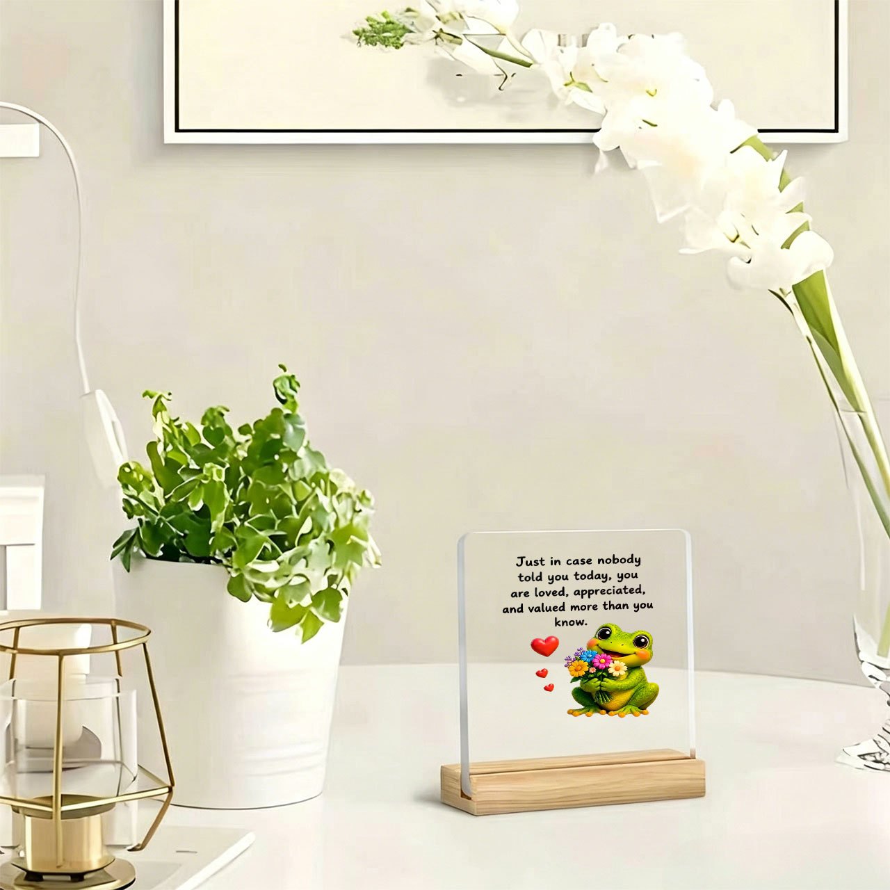 TEMU 1pc Flower-holding Frog Heart-shaped Decorative Ornament, Slogan Ornament, Warm And Inspirational Quote, Acrylic Ornament With Wooden Base,