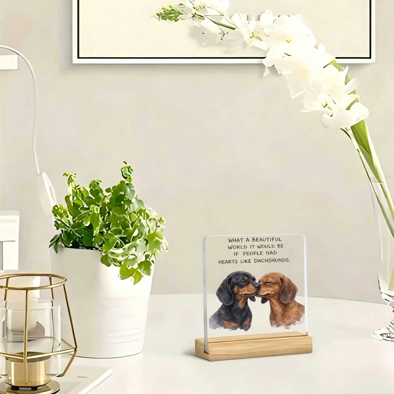 TEMU 1pc Sausage Dog Kissing Pattern Ornament Slogan Ornament Warm, Inspirational Slogan, Acrylic Ornament, With Wooden Base, Paperweight, Office
