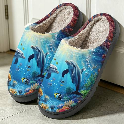 1 pair dolphin pattern slippers novelty soft slippers with sole warm comfortable slippers for women and men home bedroom indoor outdoor ideal for gift women shoes