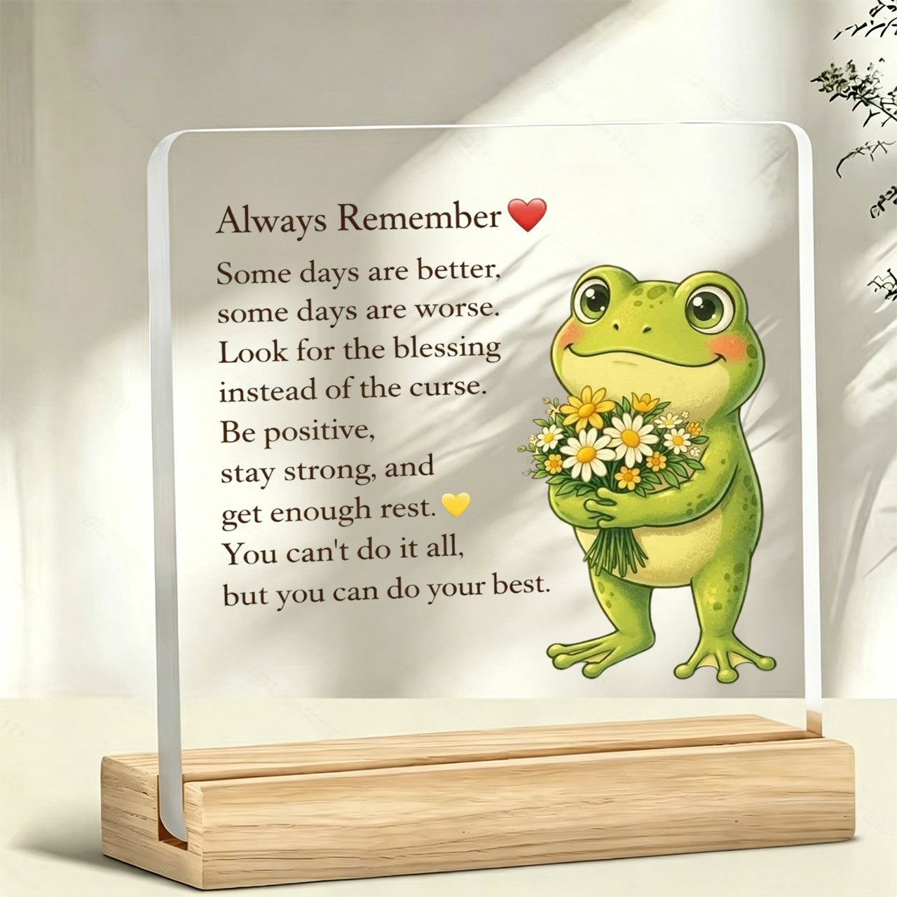 TEMU 2d Flat, 1pc Frog " Remember" Ornament, Warm And Inspirational Slogan, Acrylic Decoration With Wooden Base, Paperweight, Office Desktop Item,