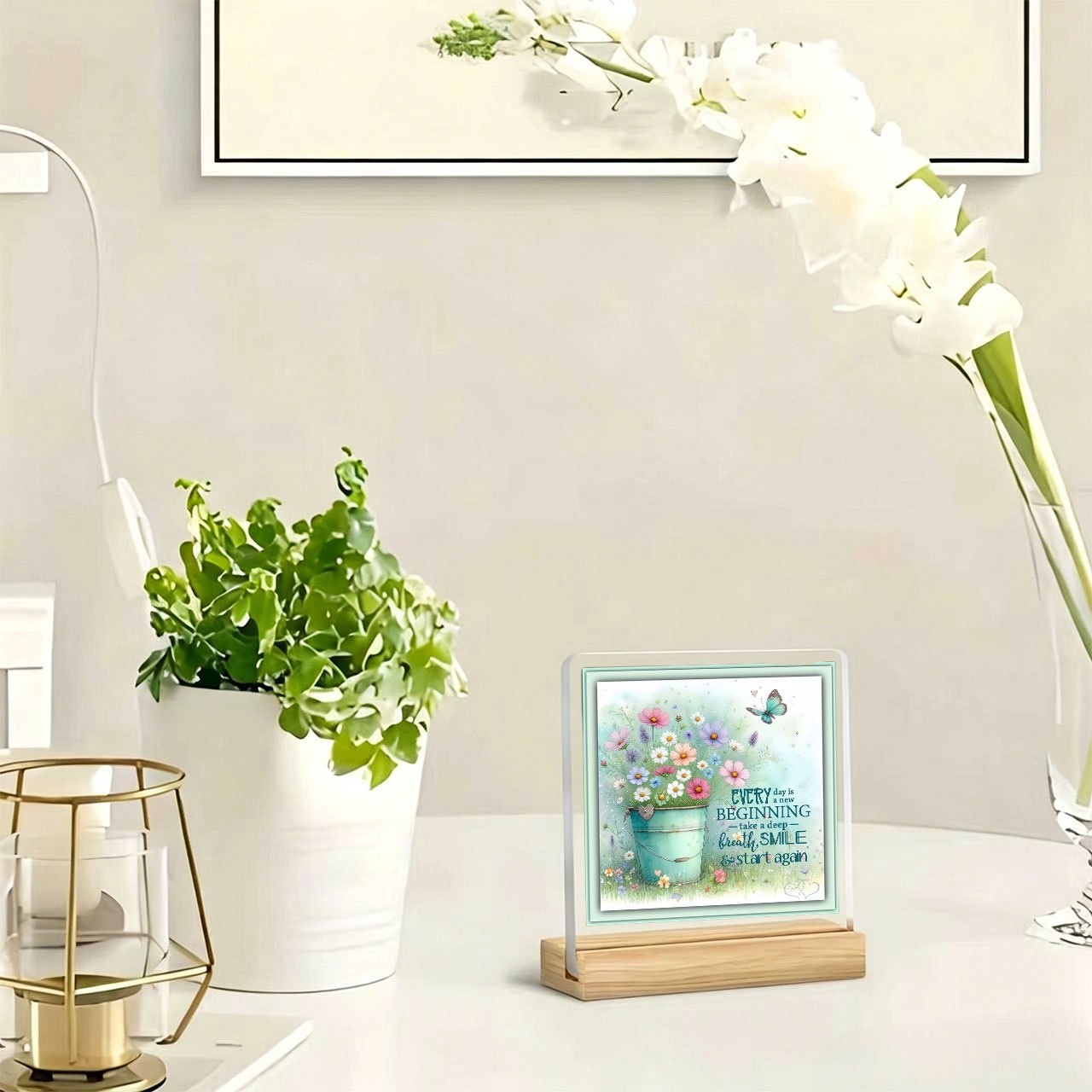 TEMU 1pc Watercolor Flower Inspirational Slogan Decorative Ornament, Acrylic Ornament With Wooden Base, Paperweight, Office Desk Decor, Office Desk