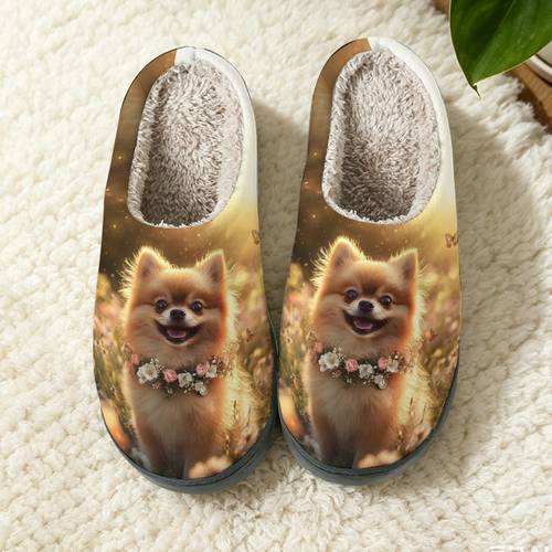 imagem do item 1 par de chinelos de cão lulu da pomerânia adequados para mulheres e homens, sola de pelúcia para interior/exterior com estampa de filhote de lulu da pomerânia, sola aconchegante de tpr e calçado acolchoado, presente para casa e quarto para as , sapatos femininos